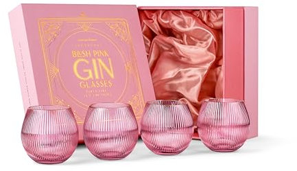 Art Deco Blush Pink Gin Tonic Balloon Glasses | Set of 4 | 400 ml Stemless Crystal Copas for Cocktails | Vintage Gift Goblets for Gin Lovers | Bubble Cups for Bar Drinks