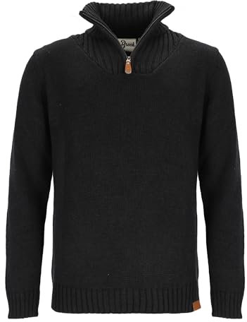 tomBrook Herren Strick-Troyer Unifarben - Troyer-Pullover Strickpullover mit Stehkragen und Reißverschluss in Black Größe L