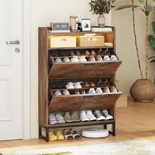 Schuhaufbewahrungsschrank mit 2 Klappschubladen, schmaler Schuhschrank für den Eingangsbereich, Schuhorganisator mit 2 offenen Regalen und Metallbeinen für Flur, Wohnzimmer, Wohnung, Rustikales Braun
