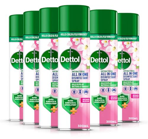 Dettol All In One Disinfectant Spray, Orchard Blossom, 6 x 300 ml Multipack, Fresh Pet & Shoe Sanitiser, Sofa Cleaner, Antibacterial Liquid, Ideal for Home Hygiene