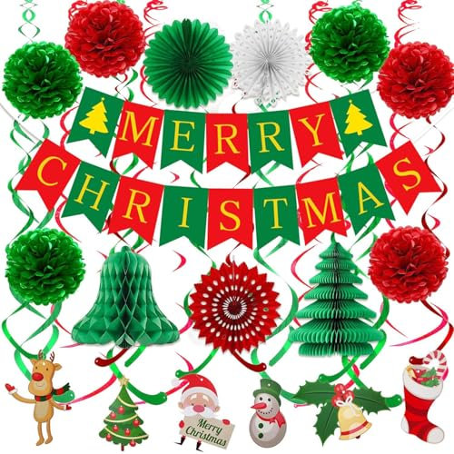 Chuankefanxing Decoraciones para Fiestas de Navidad, Decoraciones navideñas, Set de 24 banderolas de Adornos navideños, Pancartas Reutilizables de Papel con Pompones para decoración de Interiores