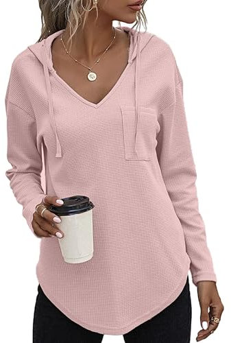 SENBATU Hoodie Damen Langarm Pullover V-Ausschnitt Kapuzenpullover Sweatshirt mit Kordelzug und Taschen Hellrosa XX-Large