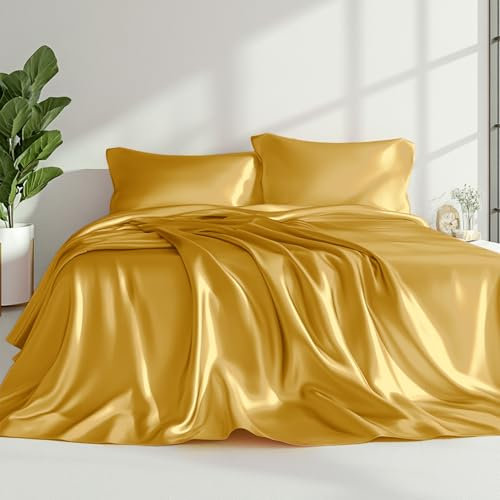 Love's cabin 4Piece California King Satin Bed Linen Set, Gold Silky Satin Sheets, Deep Pocket, Luxury Silk Feel, 1 Flat, 1 Fitted Sheet, 2 Pillow Cases