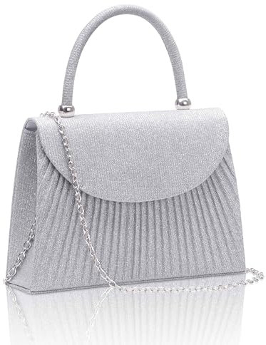 Larcenciel Clutch Silber, Glitzer Plissiert Damenhandtasche mit Abnehmbarer Kette, Pailletten Umhängetasche, Elegant Abendtasche, Mode Crossbody Schultertaschen für Hochzeit, Party, Bankett 21x15x6CM