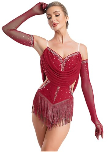 Manyakai Maillot de Baile Latino para Mujer Body de Patinaje Artístico Maillot con Flecos y Pedrería Brillante y Guantes de Malla Vestido Baile de Salón Tango Rumba S-XXL Rojo M