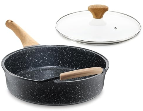 Deep Nonstick Frying Pan with Lid, 4.5 QT Swiss Granite Coating Sauté Pan, 12 Inch Healthy Non Stick Skillet Cooking Pan and Helper Handle with Silicone Cover, PFOA Free, Induction Ready.