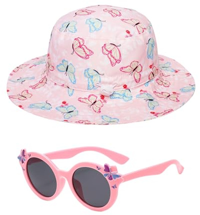SGSCFG - Chapeau De Soleil Et Lunettes De Soleil Pour Enfants, Papillon, Rose, Protection Solaire 30 UPF, Été