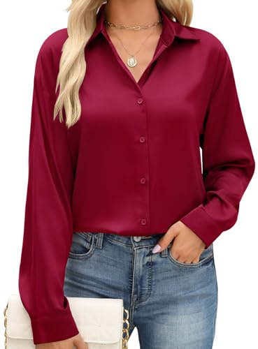 PASUDA Camicia Donna Elegante in Raso Camicetta con Bottoni Casual Maniche Lunghe Blusa Scollo a V Camicette Affari da Lavoro Tops Leggero Traspirante Shirts Moda Ampia Magliette(Bordeaux,XL)
