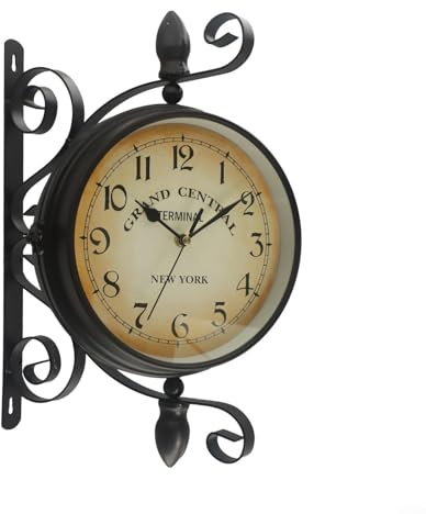 Lastdaytime Reloj de pared de hierro forjado de doble cara, estilo vintage de estación de tren, 8 pulgadas, redondo, marrón antiguo, cuarzo silencioso, funciona con pilas