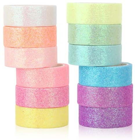 Fogbush Washi Tape, 12 rollos de cinta adhesiva de moda para álbumes de recortes, accesorios de papel pergamino brillante, multicolor, accesorios para diario, cinta adhesiva colorida (12 colores)