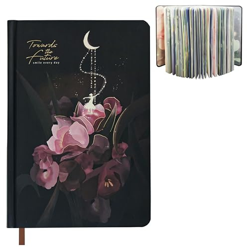 A5-dagbok, lyser i mörkret, 224 sidor, färgglada blommor på insidan, guldpräglat omslag med månsken, stjärnor och en balettflicka, perfekt för journalföring, scrapbooking, anteckningsbok-C