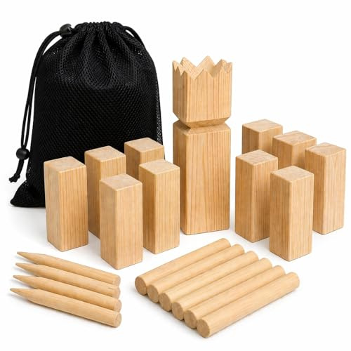 SHOP-STORY Kubb-spel i trä, 21 stycken, för 2–12 spelare, skicklighetsspel utomhus, med förvaringsnät från 6 år
