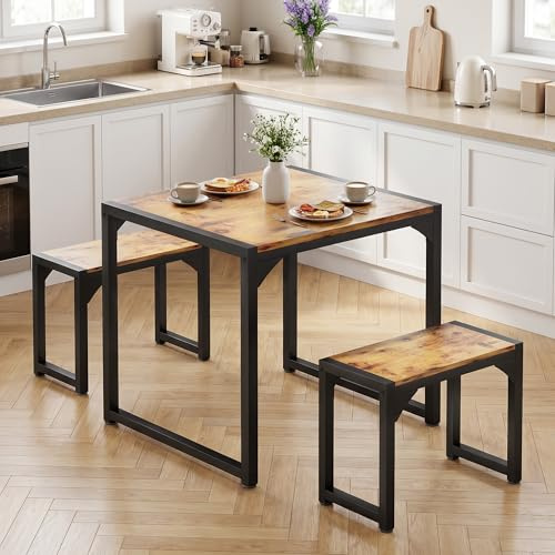 Blishom Ensemble Table à Manger 3 Pièces avec 2 Bancs, Table de Cuisine Carrée 65x65 cm Gain de Place, Ensemble Table et Chaises Style Industriel pour Petit Espace, Brun Rustique