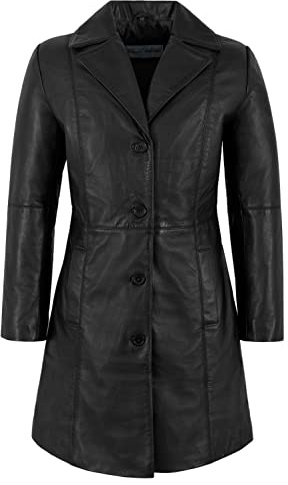 TRENCH Ladies Real Leather Jacket Black Classic Knee-Length Designer Coat 3457 | Soft lambskin Napa leather, 3/4-length four-button coat with lapel collar, two outer pockets and smooth polyester lining.