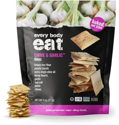 Every Body Eat Gluten Free Crackers, Chive & Garlic – Plant Based Snacks, Vegan Garlic Snack Crackers, Dairy Free, Seed Oil Free (Pack of 6), 4 oz Bags