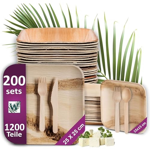 Waipur Set Piatti in Foglia di Palma e Posate in Legno - 200 Grandi, 200 Dessert, 400 Forchette, 200 Coltelli, 200 Cucchiai - Stoviglie Monouso Biodegradabili - Eleganti e Compostabili - Como Bambu
