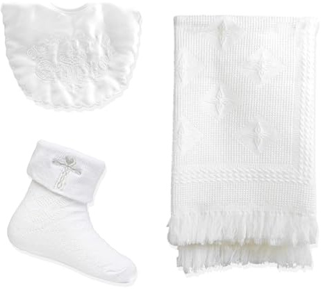 Baby Togs Christening Set Shawl Bib Socks Baptism Gift, White, 6-12 Months