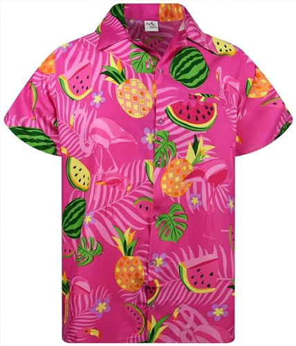 King Kameha JK-Funky Camisa-Hawaiana Hombre Manga-Corta Bolsillo-con-Hendidura Fiesta Melón Flamencos Unisexo