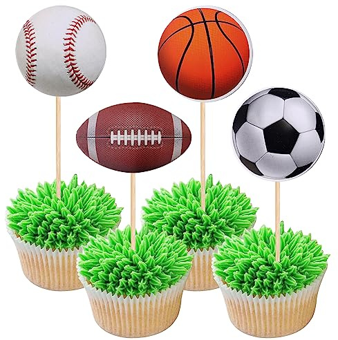 36 PCS Sports Cupcake Toppers Baseball Cupcake Picks Football Soccer Ball ToothPicks Rugby Basketball Cake Decorations for Sports Balls Theme Boys Men Birthday Party Supplies