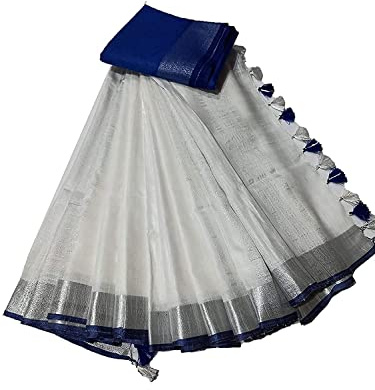HAIDER ALI AND SONS Women's Linen Slub White Colour Ethnic Wear Saree (With Blouse) - White, One Size