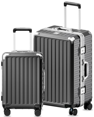 Luggage Sets with Spinner Wheels, 8010S Aluminum Frame Zipperless Polycarbonate Hard Shell Suitcase Sets (ZX-Core, Charcoal Metallic, 2 Piece (20/28))