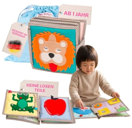 Jolly Designs Mini Quiet Book Dösender Leone - Montessori Giocattoli a partire da 1 anno - Libro in stoffa & Busy Book senza parti allentate - Giocattolo educativo in feltro - Libro motore per neonati