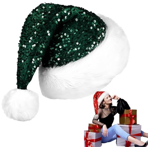 Green Sequin Santa Hat Christmas 35*45CM, Classic Velvet Plush Santa Claus Hat, Unisex Christmas Costume, Xmas Cap Party Hats for Adults, Holiday New Year Party Gifts