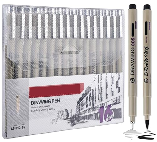 Fineliner Schwarz Set, 16 Stück Fineliner Set Schwarz mit 16 Verschiedene Linienbreiten, Micron Fineliner Stifte, Schwarzer Filzstiften set, stabilo fineliner schwarz, Wasserfest Tuschestift