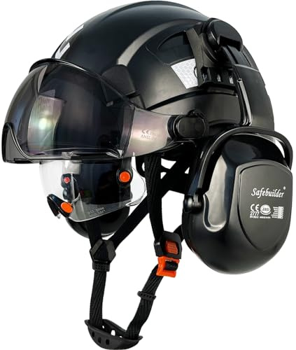 SAFEBUILDER Industrial Safety Helmet with Visor Ear Muffs Hard Hat with Visor Vented OSHA Approved Hardhats Construction Work Head Protection (Black Helmet with Clear & Tinted Visor & B07 Earmuffs)