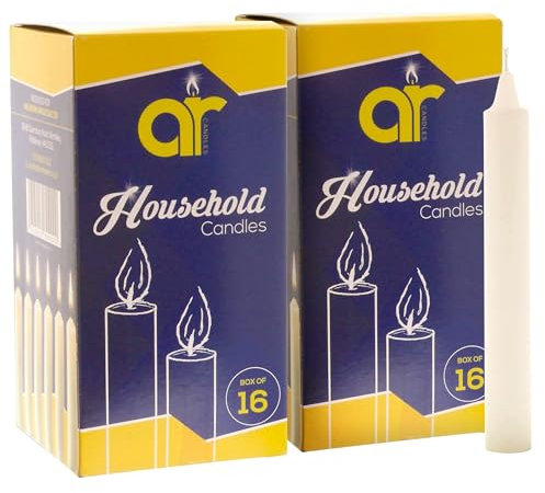 AR Candles Unscented White Household Candles 12.5cm – 2 Packs of 16 (Total of 32) – Shabbos/Shabbat Candles for Power Cuts, Emergency, Prayer, Vigil, Church, Long Burning, Decorative & Daily Use