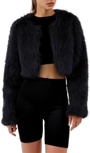 Amazhiyu Manteau en fausse fourrure pour femmes, veste courte en fausse fourrure, manteau en fausse fourrure, veste en fausse fourrure en peluche, manteau en fausse fourrure à manches longues, manteau