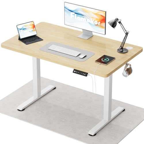 Flamaker Höhenverstellbarer Schreibtisch Ganze Tischplatte 110 x 53 cm Elektrischer Schreibtisch Höhenverstellbar für Steh-Sitz, Computertisch mit Memory-Funktion,Standing Desk,Beige