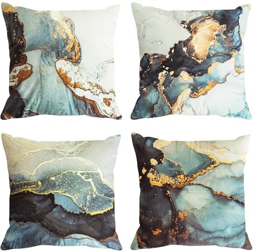 ZHILING 4er Set Kissenbezug 40x40cm mit Marmorstruktur in Schwarz und Gold Silber luxuriöse abstrakte Fluid Art Ink Kissenbezüge aus weichem Samt quadratische Kissenhülle 16x16 Zoll