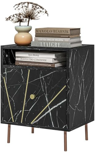 HOMCOM Table de Chevet Table d'appoint Table de Nuit Style Moderne avec 1 Grand tiroir et 1 Niche, Effet marbre, Pieds en métal doré, 39l x 30 x 50 cm, Noir