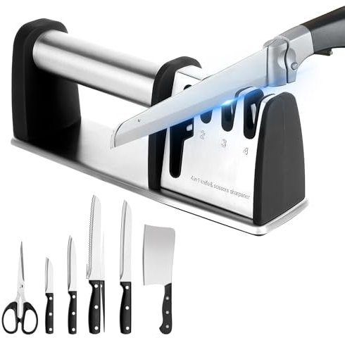 Affilacoltelli Professionale Affila Coltelli da Cucina Manuale 4 in 1 Affilacoltelli, Manico Ergonomico e Base Antiscivolo per Affilare Coltelli, Forbici-Disco in Diamante, Tungsteno, Ceramica