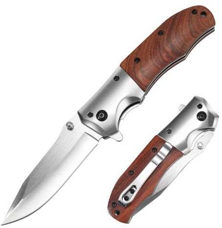 Klappmesser, Taschenmesser, Outdoor Messer, Einhandmesser, Scharf 3Cr13 Edelstahl Klinge, Rotes Sandelholz Griff, Survival Messer, EDC Messer, Outdoormesser mit Taschenclip & Liner-Lock