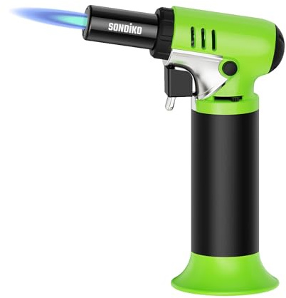 Sondiko Kitchen Blow Torch with Fuel Gauge S907, Refillable Soldering Torch Lighter with Safety Lock and Adjustable Flame for Desserts, Creme Brulee, Welding, Green & Black (Butane Not Included)