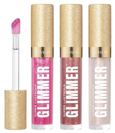 REVLON Super Lustrous Glimmer Gloss, Pack de 3 Brillo de labios, No pegajoso, Efecto multidimensional, Gloss con brillo eco-vegetal, 008 Rose Glow + 005 Glazed Almond + 001 Diamond Drama