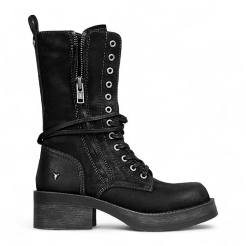 Botas de Combate Windsorsmith de Ante Negro Para Mujer, Zapatos de Motociclista con Cordones y Media Pantorrilla