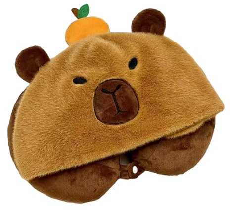 Asukohu Simpatico cuscino per il collo in peluche con cappuccio, morbido e coccoloso, cuscino da viaggio a forma di animale dei cartoni animati, comodo per bambini e adulti, con cappuccio con