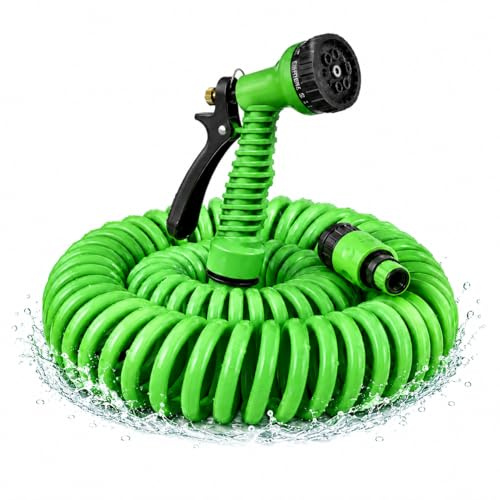 LIVÉ Manguera Jardín Espiral 7,5 m con Pistola Rociadora, Manguera de Agua Extensible con Cabezal Multifunción 7 Modos de Riego, Manguera de Riego Verde para Terraza, Balcón, Patio y Jardín