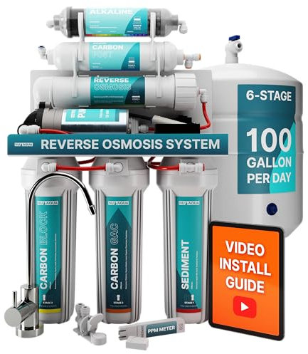 NU Aqua 6-Stage Alkaline Under Sink Reverse Osmosis Water Filter System - Booster Pump - 100 GPD RO Filtration w/Faucet & Tank - Remineralization - 100GPD Undersink - Home & Kitchen Drinking Purifier
