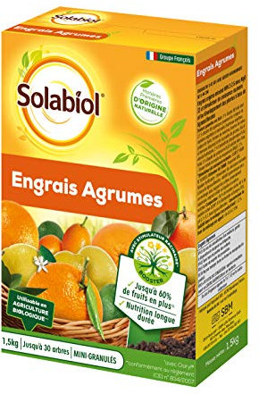 SOLABIOL Engrais Agrumes - 1,5 kg - Mini-granulés - 60% de fruits en plus - Utilisable en Agriculture Biologique - NPK GR 3-2-5+2MgO+RGS W SOAGY15
