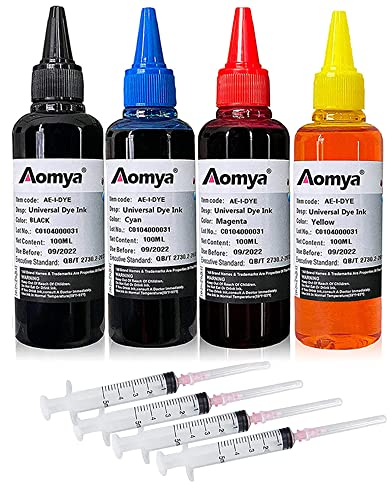 Aomya 400ml Universal-Farbstofftinte Nachfüllset für HP Canon Epsn Brother Lexmark Drucker, kompatible Patronen, nachfüllbare Kartusche CISS CIS System 4 Farben Set mit 4 Spritzen (BK, C, M, Y)