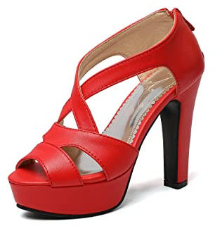 Sintético Moda Peep Toe Cremallera Tacón Bloque Tacón Alto con Zapatos de 12 cm para Mujer Talla Grande T33-402, rojo, 38 EU