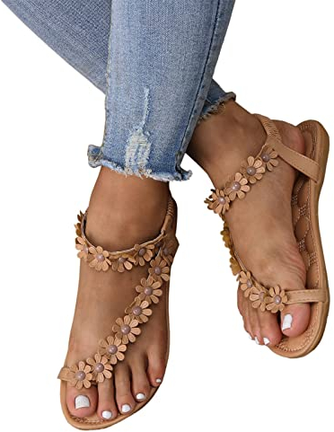 Zilosconcy Damen Sandalen Lässige Lace Spitze Riemchen Elegante Flip Flop Sandals Schuhe Flache Römische Zehe Ring Römersandalen Sandalen Zehentrenner Blumen Gladiator Strandsandalen Sommerschuhe