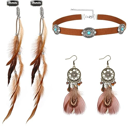 MWOOT Fjäderhårklämmor, indiska hårförlängningar, läderhalsband, drömfångare, örhängen, bohemiska smycken, set för halloween, karneval, kvinnofest