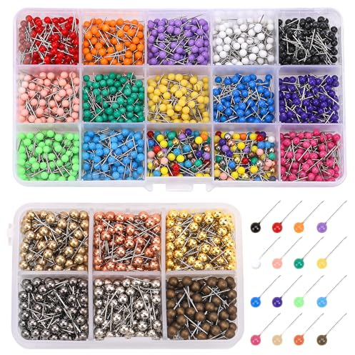 MASPHY 2012 Stück Karte Nagel Pinnadeln, 4mm Rundkopf Stecknadeln, Bunt Runde Reißnägel für Weltkarte Pinnwand Cork Board, Pinnwandnadeln mit Aufbewahrungsbox