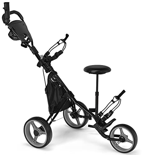 GYMAX Golf Push Pull Cart, Lightweight 3 Wheels Golf Trolley with Storage Bag, Foot Brake, Adjustable Umbrella Holder, Padded Seat and 4 Height Position Handle, Foldable Golf Bag Holder (Gray)