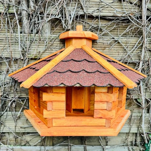 DARLUX handgefertigtes Wand Vogelfutterhaus XL Vogelhaus wetterfest Holz Futterstelle Hängend Braun, Rot